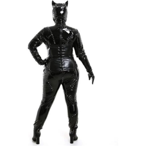 Cat Woman Halloween Costume One Piece Jumpsuit Hooded Bodysuit Gloves Mask Whip - Picture 5 of 7